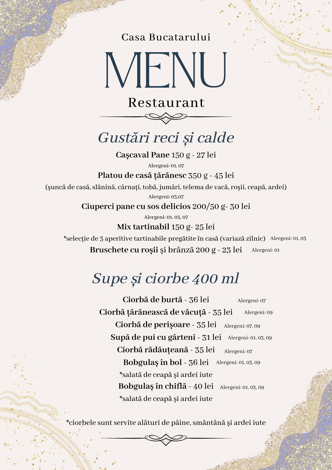 Menu of Casa Bucatarului: gustări reci și calde, salate, supe și deserturi listate cu prețuri și alergeni