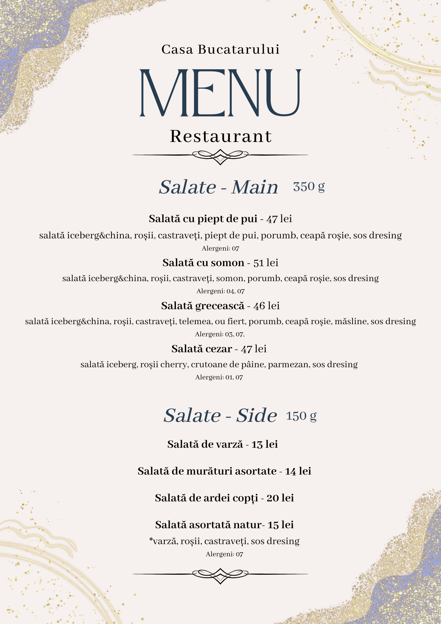 Restaurant menu page titled Casa Bucatarului with Salate - Main and Salată side sections listing dishes and prices in Romanian (e.g., Salată cu piept de pui).