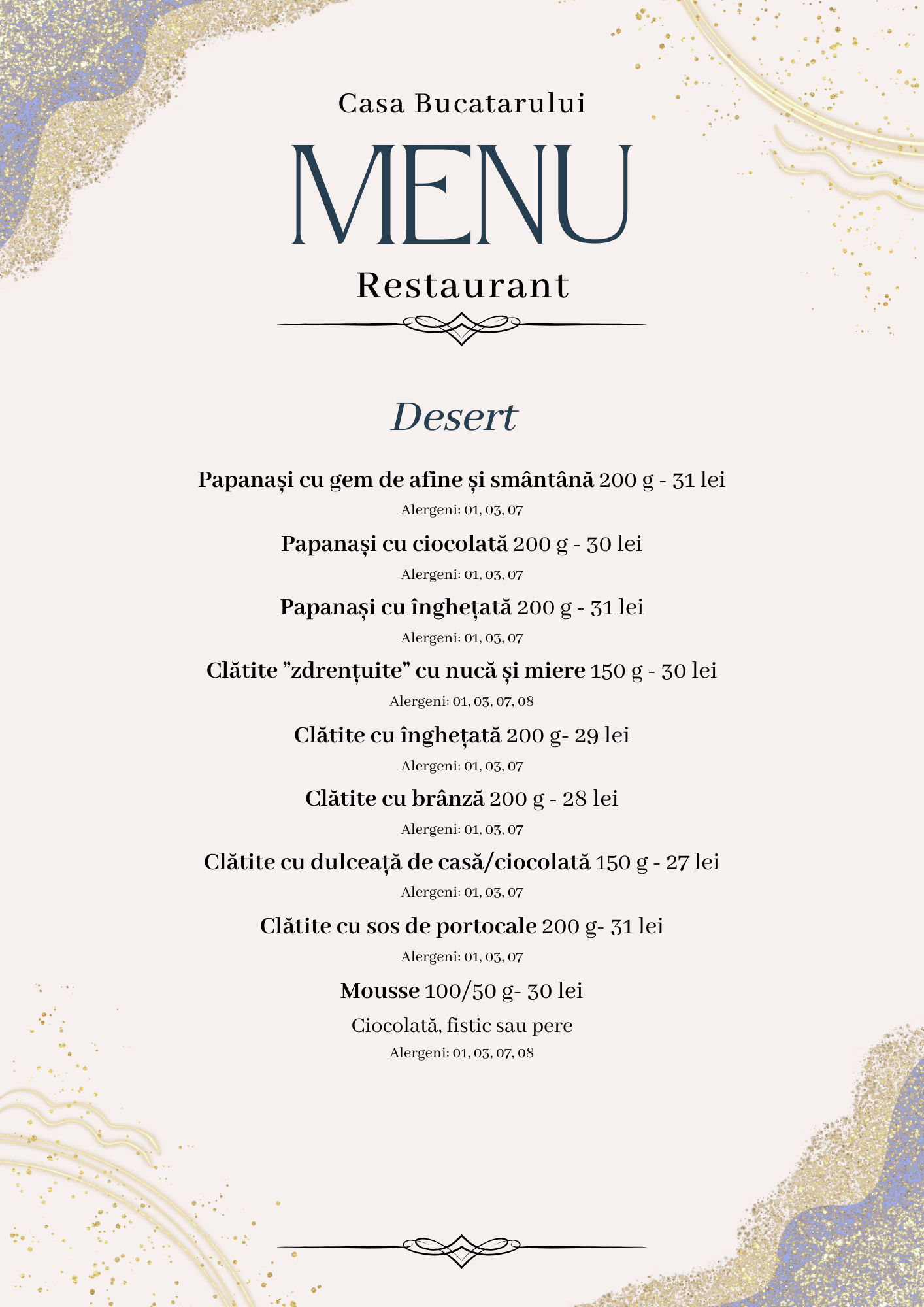 Dessert menu page for Casa Bucatarului Restaurant listing papanasi and other sweets with allergens on a decorative beige background.
